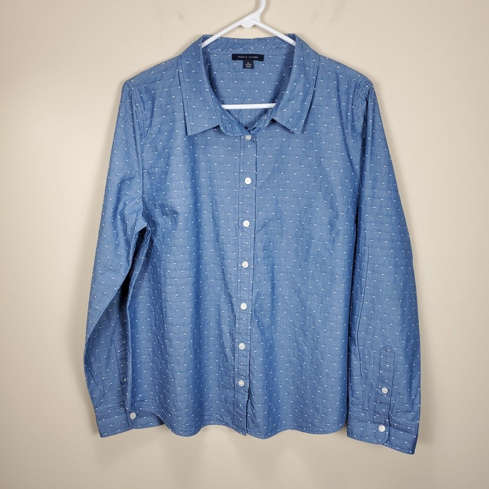 Tommy Hilfiger Blue chambray white fleck long sleeve button up top womens XL